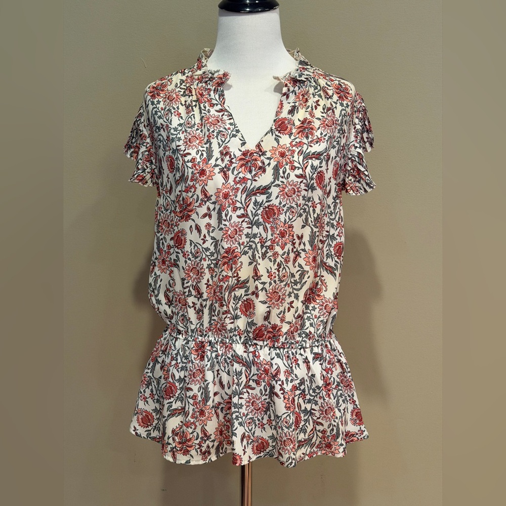 VOY Floral V-Neck Peplum Blouse - White with Red Floral Print - Size Small